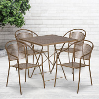 Flash Furniture CO-28SQF-03CHR4-GD-GG 28" Square Steel Folding Patio Table Set with 4 Round Back Chairs in Gold